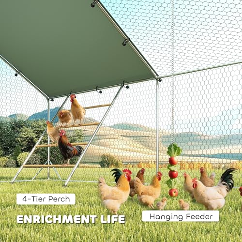 PawHut Large Metal Chicken Coop, Walk in Chicken Run with Waterproof & Anti-UV Cover, Feeding Door, Hanging Feeder, Perch, Outdoor Duck Cage Rabbit Hutch Pen, for 18-24 Poultries, 9.8' x 19.7' x 6.4' | Walk in Chicken Run, Waterproof & Anti-UV Cover, Hang