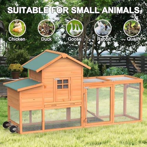 GOJOOASIS Portable Chicken Coop with Wheels & Handrail, Wooden Hen House | Outdoor 83” Predator-Proof Chicken Coop for 2-5 Chickens, Weatherproof Asphalt Top, Removable Tray, Ramp & Nesting Box