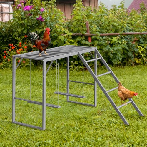 Sunexinlo Chicken Perch with Swing Set, Roosting Bars for Chickens in Coop for Pet Chickens' Health and Happiness, Metal Chicken Toys Accessories for Backyard Farms, Gray