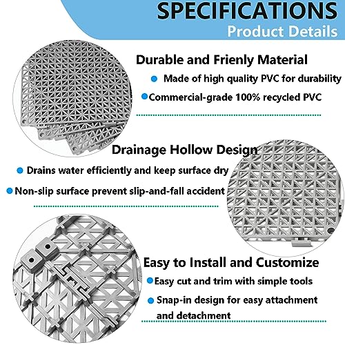12” x 12” Drainage Interlocking Floor Mats 8 Pack for Outdoor and Indoor | Non-Slip Pool Deck Drain Mats Soft PVC Splicing Modular Cushion Rubber Flooring Tiles with Holes for Basement Garage Shed - size: Grey