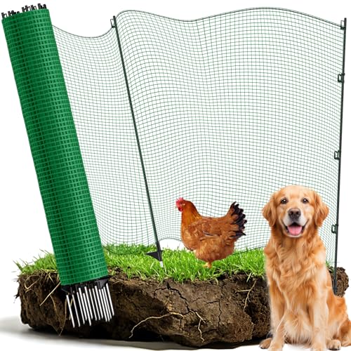 Temporary Fence with Posts,4‘x82‘ Animal Barrier Dog Portable Fencing | with Fiberglass Stake Windbreak Rope,Safety Snow Plastic Netting for Garden Backyard Outdoor for Chickens or Other Animals - size: 4x82FT