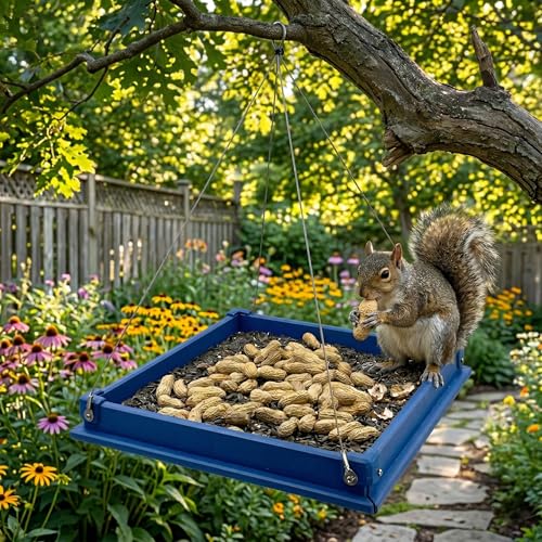 Large Recycled Plastic Platform Bird Feeder - Blue | 12.5-Inch Recycled Plastic Tray with Removable Perforated Steel Drain Plate - Cardinals, Finches, Blue Jays