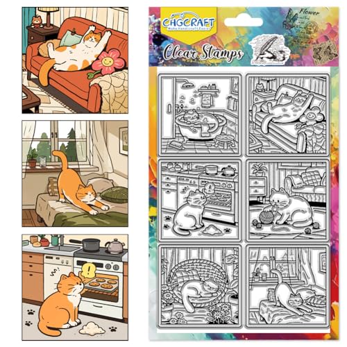 CHGCRAFT Cat Life Comics Clear Stamps Cat Taking a Bath Transparent Stamps Pet Sleeping Silicone Clear Stamp Seals for DIY Scrapbooking Photo Album Decoration, 4.3×6.3 inch - style: Cat Life