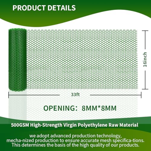 Green Plastic Chicken Wire 16in X 33ft,Garden Netting Fencing | Plastic Chicken Wire Mesh Fence,Barrier for Poultry,Animals,Pets and Balcony - color: Green, size: 16INx33FT