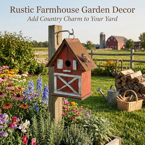 Topadorn Rustic Barn-Style Wooden Birdhouse, 10.5" Hanging Bird House | Bird House with Metal Roof, Easy Clean for Bluebirds Cardinals Chickadees, Outdoor Garden Decor