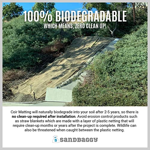 Sandbaggy Coir Mat | Erosion Control Product for Stopping Soil Erosion on Hillsides, Riverbanks & Oceanfront | Lasts 5X Longer Than Straw Blanket | Lasts 2-5 Yrs (Homeowner Size - 4 ft by 80 ft Roll) - size: 4 ft by 80 ft Roll Size or 320 sq ft