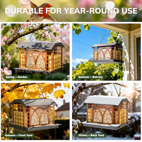Bird Feeders for Outdoors Hanging, Metal Bird Feeder with Double Suet Cage Weatherproof Metal Roof, 3.5Lbs Large Capacity Great for Attracting Finch Cardinal Chickadee Wild Birds, Pinecone Brown - color: Pinecone Brown