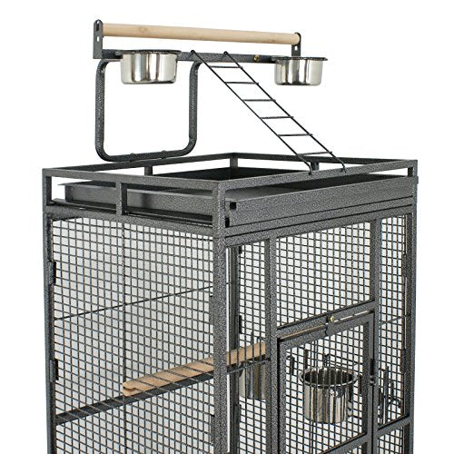 61 inch Iron Bird Cage, Play Top Parrot Cage with Rolling Stand for Parrot Cockatiels Parakeet Cage Macaw Finch Cockatoo Perch Pet House, Black - size: 25.6"L x 25.6"W x 61.0"H