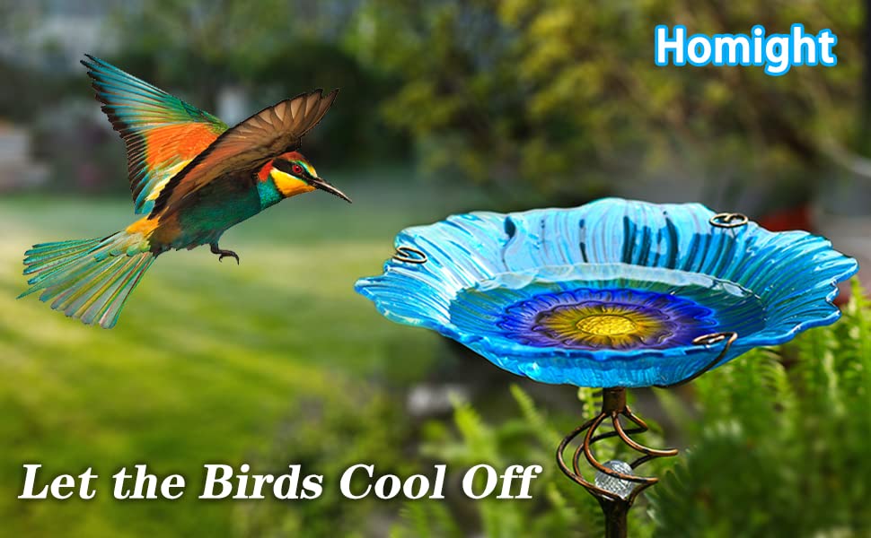 Homight Solar Glass Blue Bird Bath, Yard Art，Garden Outdoor Birdbath with Metal Stake with White LED Light Metal Stake Garden Decor Gift - color: Blue