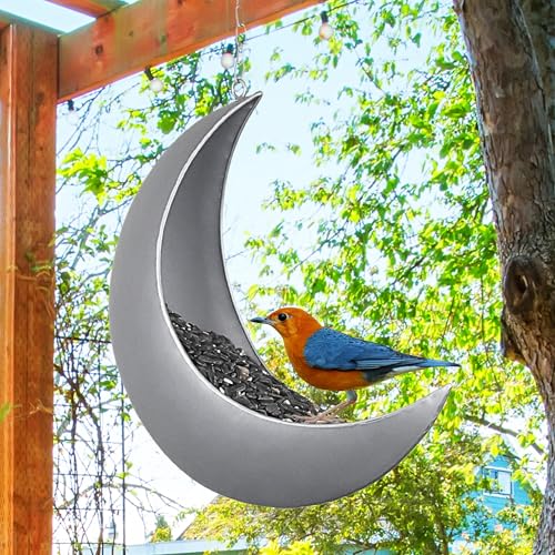 Hanging Moon Bird Feeder – Unique Metal Bird Feeders for Outdoors, Silver Rust-Resistant, – Wild Bird Feeder for Bluebirds, Cardinals, Finches, and Backyard Birdwatching - color: Silver