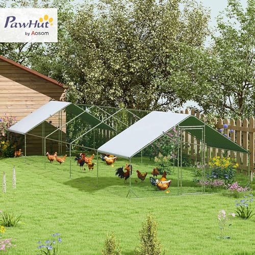 PawHut Large Chicken Coop w/Waterproof Anti-UV Cover 33' x 10' x 6.4' | Metal Chicken Run, Spire Shaped Walk in Hen House Cage for 30-40 Hens Ducks Poultry, Outdoor Yard Farm, 1" Tube Diameter - size: 393.7"L x 118.1"W x 76.8"H