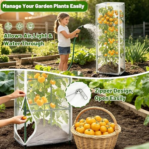 2 Pcs Garden Bird Netting Plant Cover for Square Tomato Cage,59" x 15.8"x 15.8" Tomato Cage Garden Net Cover with Zipper Drawstring, Tomato Trellis Insect Bird Barrier Protection Mesh for Plant