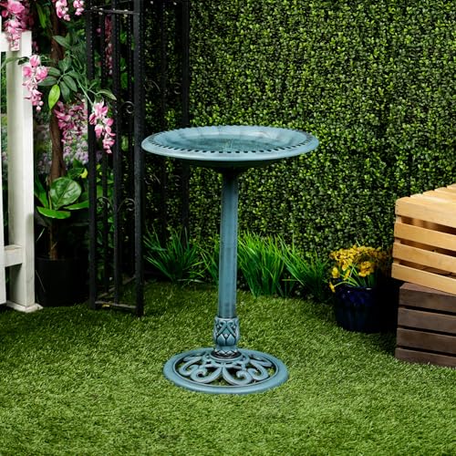 Alpine Corporation TEC116BL Pedestal Birdbath with Scrollwork Base and Ground Stakes, Décor for Lawn & Garden, 28" H, Blue - color: Blue Birdbath