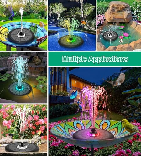 SZMP Powerful 5W Solar Powered Water Fountain for Bird Bath, Upgraded Glass Panel with Colorful Light Show, 7 Nozzles, Anti-Drift Fixer, 2000mAh Battery