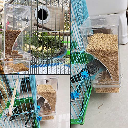 kathson No-Mess Bird Feeder Parrot Integrated Automatic Feeder Seed Food Container Acrylic Finch Foraging Feeders with Perch Cage Accessories for Small Birds Parakeet Canary Cockatiel Lovebirds - color: Clear