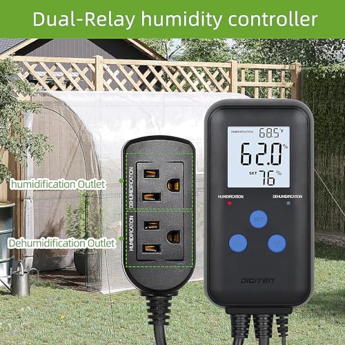 DIGITEN Humidity Controller with Temperature Display for Reptile, Mushroom | Pre-Wired Digital Humidistat, Dual-Stage Outlet Humidifier/Dehumidifier for Grow Tent/Greenhouse, LCD Display, Plug & Play