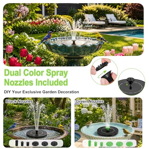 3.5W Solar Fountain Pump, Solar Bird Bath Fountain with 6 Green & 6 Black Nozzles, Solar Water Pump for Outdoor Garden Patio Small Pond Fish Tank Landscape Decoration - color: 6 Black + 6 Green Nozzles