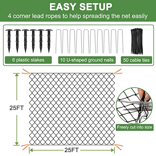 DQS Bird Netting for Garden 25x25ft, 1" Mesh Poultry Net for Chicken Coop | Heavy Duty Nylon Garden Netting, Fruit Tree Netting for Blueberry Bushes, Vegetable Against Squirrels, Deer - size: 1", 25' x25'