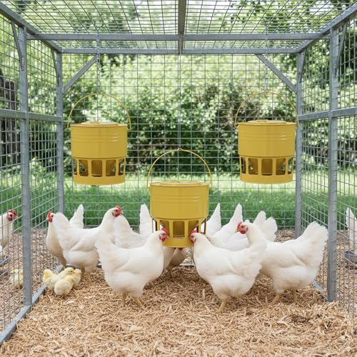 KOL Hanging Chicken Feeder – 20lbs Metal Chicken Feeder No Waste, Adjustable Poultry Feeder with 12 Ports, No Installation & Universal Height Design (Yellow) - color: Yellow
