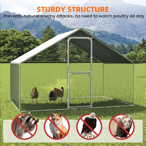 UDPATIO Large Metal Chicken Coop Walk in Run House Pen Galvanized Frame | Double Feed Door UV-Resistant Cover Outdoor Cage for Bird Duck Rabbit Hen 6-10 Silver M - size: 120.0"L x 72.0"W x 72.0"H
