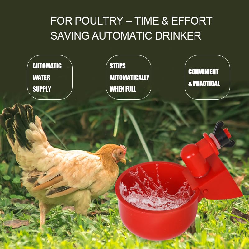 Poultry Waterer Cup – 2-Pack Automatic Drinking Bowls for Chickens, Ducks, Quail & Pigeons, Red 6.5 cm Ø, Constant Fresh Water, Screw-in Bucket or PVC System