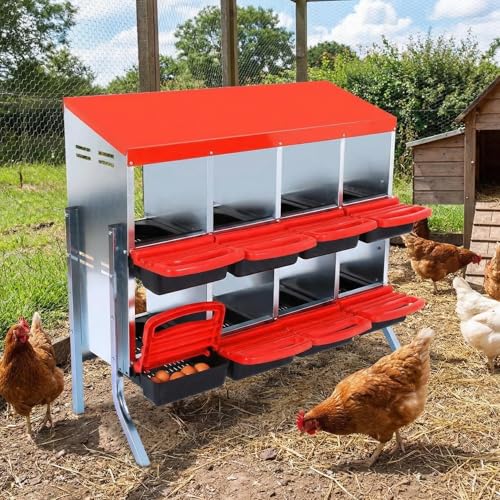 GarveeTech 8-Hole Poultry Nesting Box with Bracket & Egg Collection Tray, Chicken Laying Box with Ventilation Design for Hens & Ducks, Ideal for Backyard Coops and Small Farms - color: Red, size: 8 holes with legs