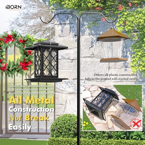 iBorn Bird Feeders for Outdoors, Metal Bird Feeder, Wild Bird Feeders for Cardinal, 2.4LBS Capacity,18cm Large Roof, Lantern Style, Black - color: Black