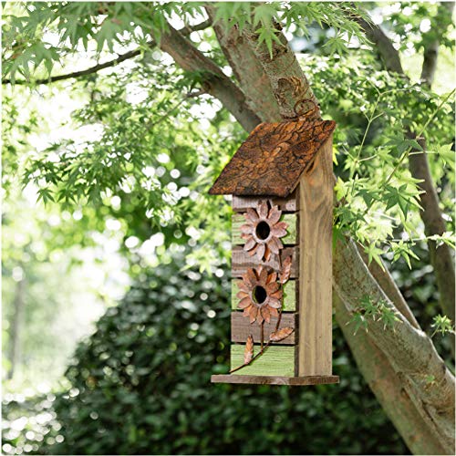 Glitzhome Bird Houses for Outside, 14.45" H Wooden Garden Hanging Bird House Two-Tiered Distressed with Flowers Decorative Birdhouse for Outdoors - color: 14.45 Inch/Green