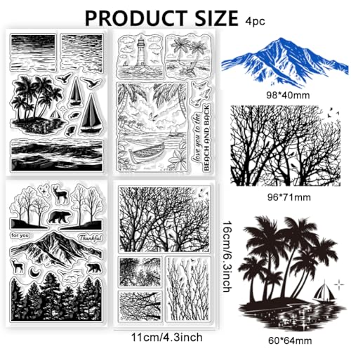 CHGCRAFT 4 Pcs Landscape Silhouette Pattern Clear Stamps Tree Branches Seaside Beach Silicone Stamp Seal for DIY Scrapbooking and Card Making Paper Craft Decor 6.3 × 4.3 Inch - style: Landscape Silhouette