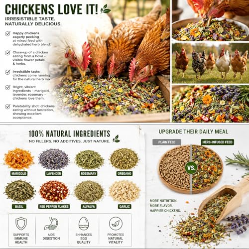 16oz Chicken Nesting Herbs, Dried Herbal Blend for Coop Bedding & Nesting Boxes, Natural Herbs for Chickens with Marigold Lavender Rosemary Oregano Basil, Red Pepper Flakes, Alfalfa, Garlic