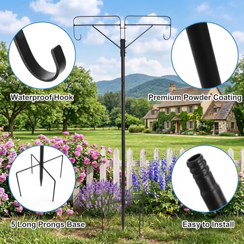 Frcctre Adjustable Double Shepherds Hooks for Outdoor, 61 Inch Tall Bird Feeder Pole with 5 Prongs Base, Heavy Duty Garden Hanger Stand for Hanging Flower Basket, Lantern, Bird Nests
