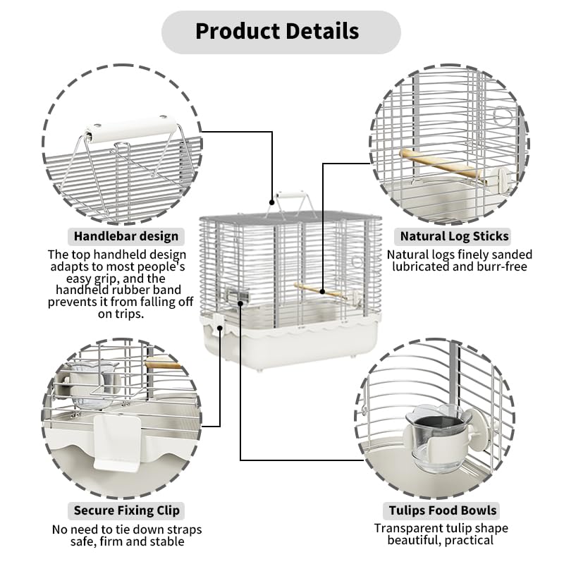 Bird Carrier Travel Cage, Durable Portable Stainless Steel Birdcage with Bird Perch & Feeding Bowl for Parrots Canaries Budgies Lovebirds Conures Cockatiels (Small White) - size: Small White