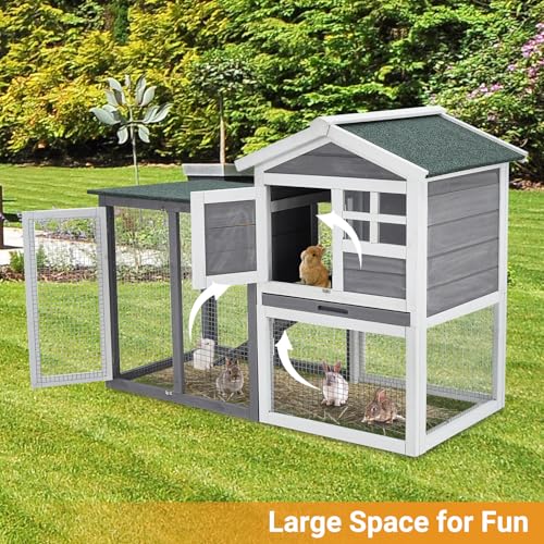 2-Story Wooden Rabbit Hutch & Chicken Coop, Indoor/Outdoor Bunny Cage with Waterproof Roof, Removable Cleaning Tray & Access Ramp for Chicken, Rabbit - size: 46.5 inch