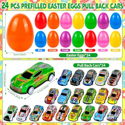 Seifar 24Pack Prefilled Easter Eggs with Pull Back Cars,Mini Race Car Prefilled Easter Basket Stuffers Gifts Party Favors for Classroom Prizes Goodie Bag Egg Hunt - style: racing