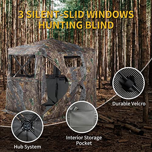 Hunting Blind 270/360 See Through Deer Blind, Pop Up Ground Blind | 2/3/4 Person Camouflage Tent, Portable Concealed Shelter with Carrying Bag, Silent Sliding Windows, Windproof Bottom Layer - size: 2-3 Person, style: 270