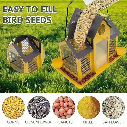 Solar Bird Feeders House for Outside Hanging, Metal Wild Bird Feeder for Outdoors Large Capacity Cardinal Birdfeeder Birdhouses Metal Bird Feeding Station Yellow - color: yellow