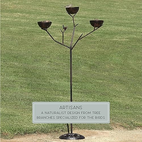 Bernini Alberto 58" Tall Metal Bird Feeder, Free Standing Tree Branch Yard Art, Holds 3 lbs Bird Seed, Comes With Cast Iron Weighted Base