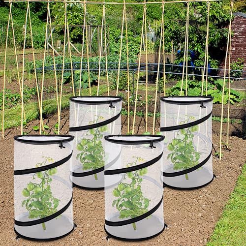 4 Pcs Pop Up Insect Barrier Plant Cover Net, 19.6" x 11.8" Round Foldable Plant Protectors Mesh Plant Enclosure, Garden Net Cage Guard Cover with Stakes & Carry Bag for Protect Plants from Bird Insect