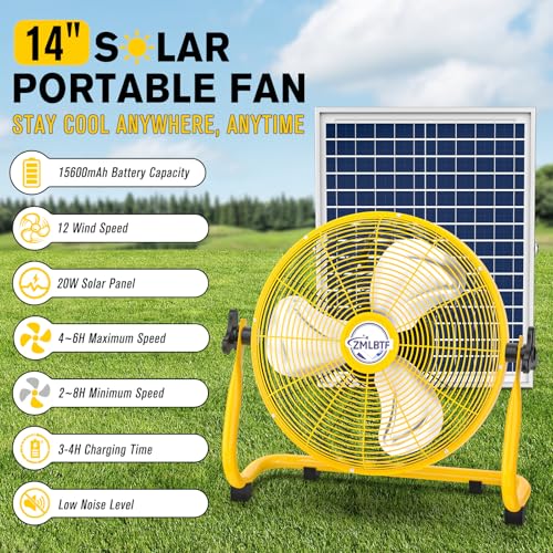 14" Solar Powered Fan with 20W Detachable Solar Panel, Yellow | Built-in Rechargeable Battery, Portable, 12 Speed, 360° Tilt for Outside, Camping, Greenhouse, Chicken Coop, Patio, gazebo - color: 14" Yellow