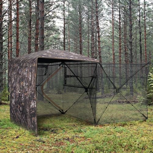Portable Hunting Blind 360° Degree See Through with Carrying Bag, 2-3 Person Pop Up Ground Blinds with Silent Zipper Door & Sliding Windows, Resilience Tent for Deer & Turkey Hunting - color: Dark Woodland Camouflage