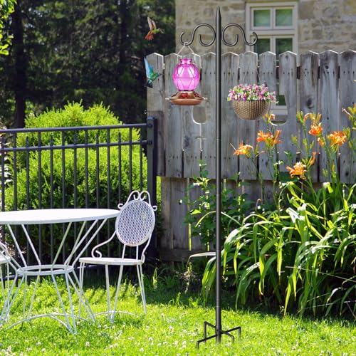 Double Shepherds Hooks for Outdoor, 108 Inch Heavy Duty Bird Feeder Pole with 5 Prongs Base, Adjustable Shepherds Hook for Bird Feeder, Garden, Weddings, Hanging Plant, 1 Pack - size: 108 Inch