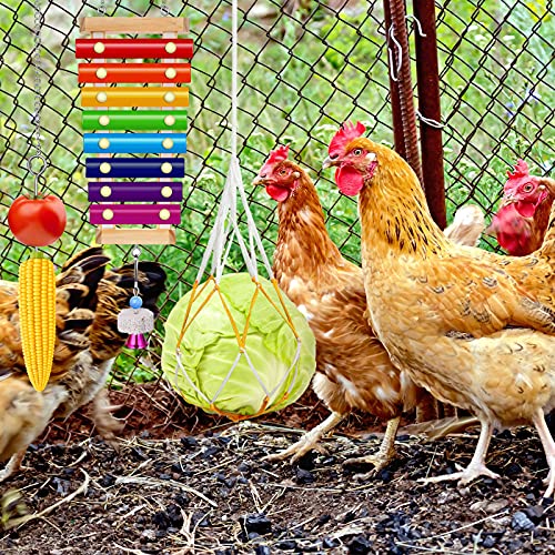 Gejoy 6 Pieces Chicken Toys for Coop Accessries Wooden Stand Mirror with Bells Coop Swing Veggies Fruit Skewer Vegetable Hanging Feeder Chewing Foraging Toys for Chicken