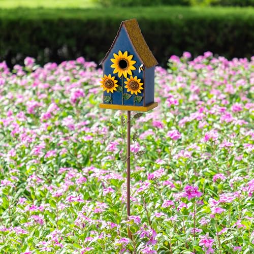 Glitzhome Birdhouses for Outdoors, Bird Houses Stake for Outside, 52.5" H Metal Bird House Decorative Sunflower Birdhouse with Stake for Garden Patio Backyard (Blue)