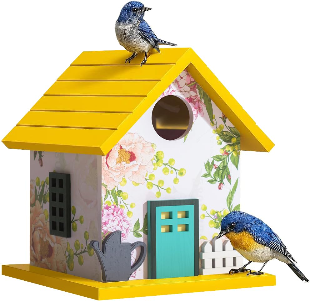 CEDAR ALPHA Spring Melody Bluebird House, Composite Material Nesting Box, Hanging Birdhouse for Blue Bird,Sparrow, Chickadee, Birdhouse for Outside, 5 Years Weatherable Bird Box on Post for Pole (A) - color: Yellow