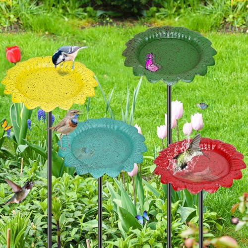4 PCS Metal Bird Baths for Outdoors, Small Garden Bird Bath with Metal Stake, Hummingbird Feeder for Yard Lawn Decoration (4P-Red Yellow Blue Green) - color: 4P-Red Yellow Blue Green