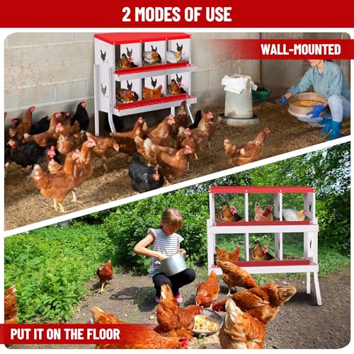 Galvanized Steel Chicken Nesting Box 6 Grids, Metal Egg Laying Boxes for Hens with Hinged Lid and Ventilated Design, Easy Clean Poultry Nest Box for Chicken Coop Accessories, Red, with Legs - color: Red, size: 6 Holes with Legs