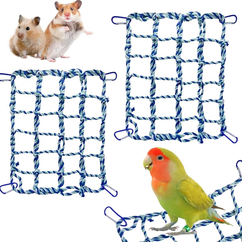 2 Pcs Rat Climbing Ropes for Cage - Rat Accessories - 12.6 x 9.84 inch Hammock - Cotton Rope Bridge - Bird Ladder with 4 Silver Hooks (Blue) - color: blue