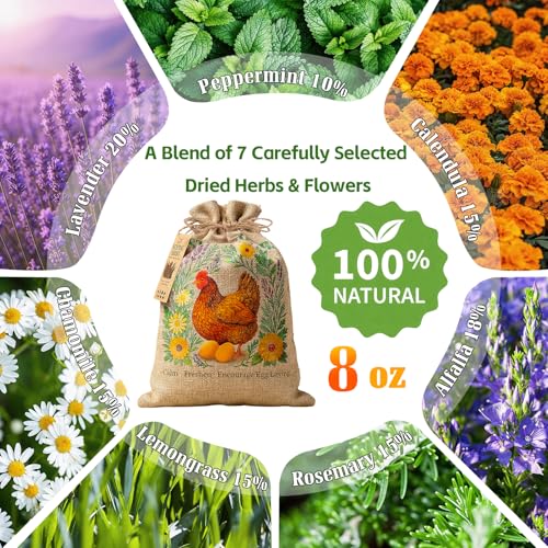 PJT Premium Chicken Nesting Herbs - 8oz Pre-Mixed Blend of 7 Dried Botanicals for Nesting Boxes, Coop & Chicken Dust Bath, Natural Herbal Refresher, Supports Natural Egg Laying - size: 8 Ounce (Pack of 1)