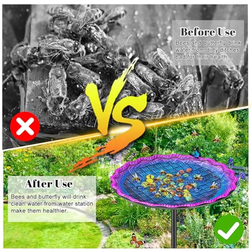 Bee Butterflies Watering Station, Standing Bee Feeder with Glass Marbles for Outside, Bee Bath Feeder with Metal Stakes Butterfly Puddler Garden Yard Déco (Blue) - color: Blue
