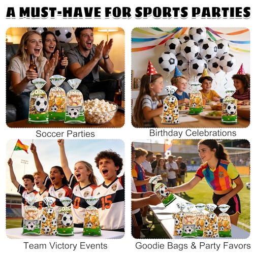 100PCS Soccer Cellophane Treat Bags - Clear Plastic Goodie Bags with 110 Gold Twist Ties - Soccer Party Favor Bags for Candy, Snacks, Game Day, Sports Events, Football Theme Parties & School Activities - color: Soccer-100pcs
